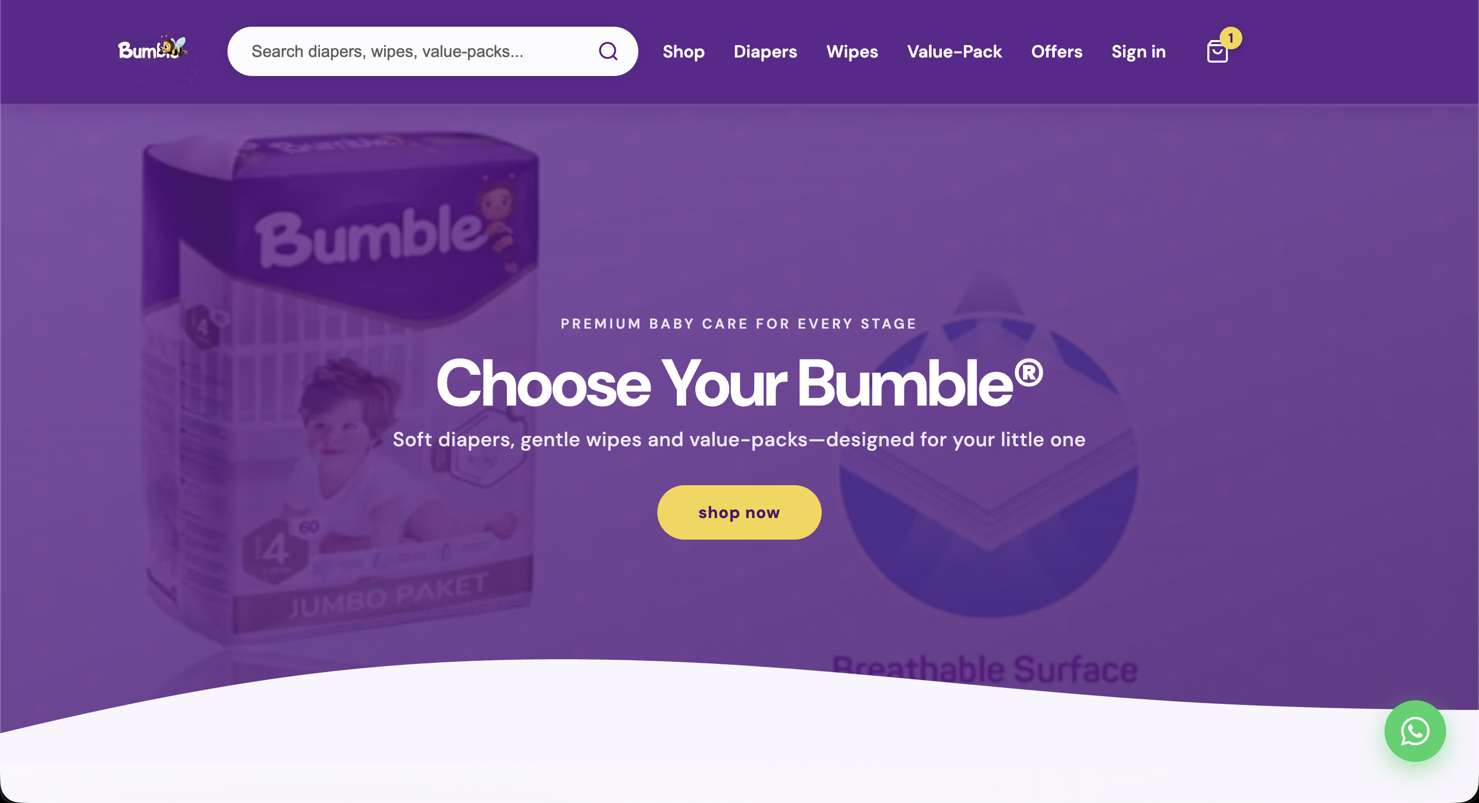 Bumble Brand — hero with product showcase and shop CTA
