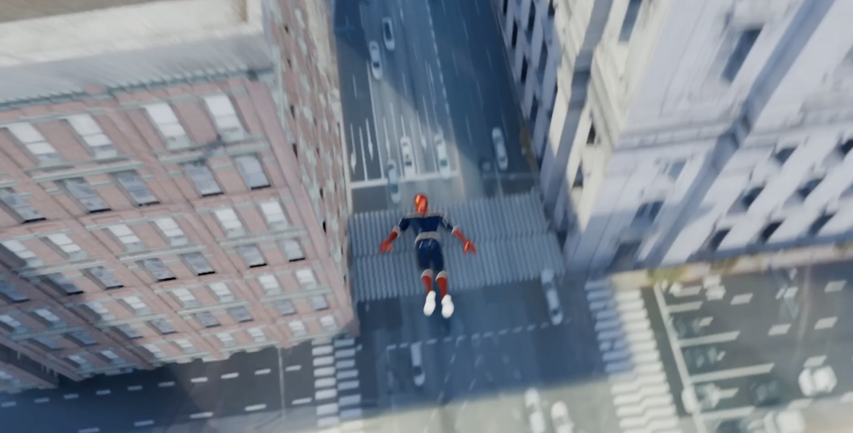 3D animation — hero dive between city buildings