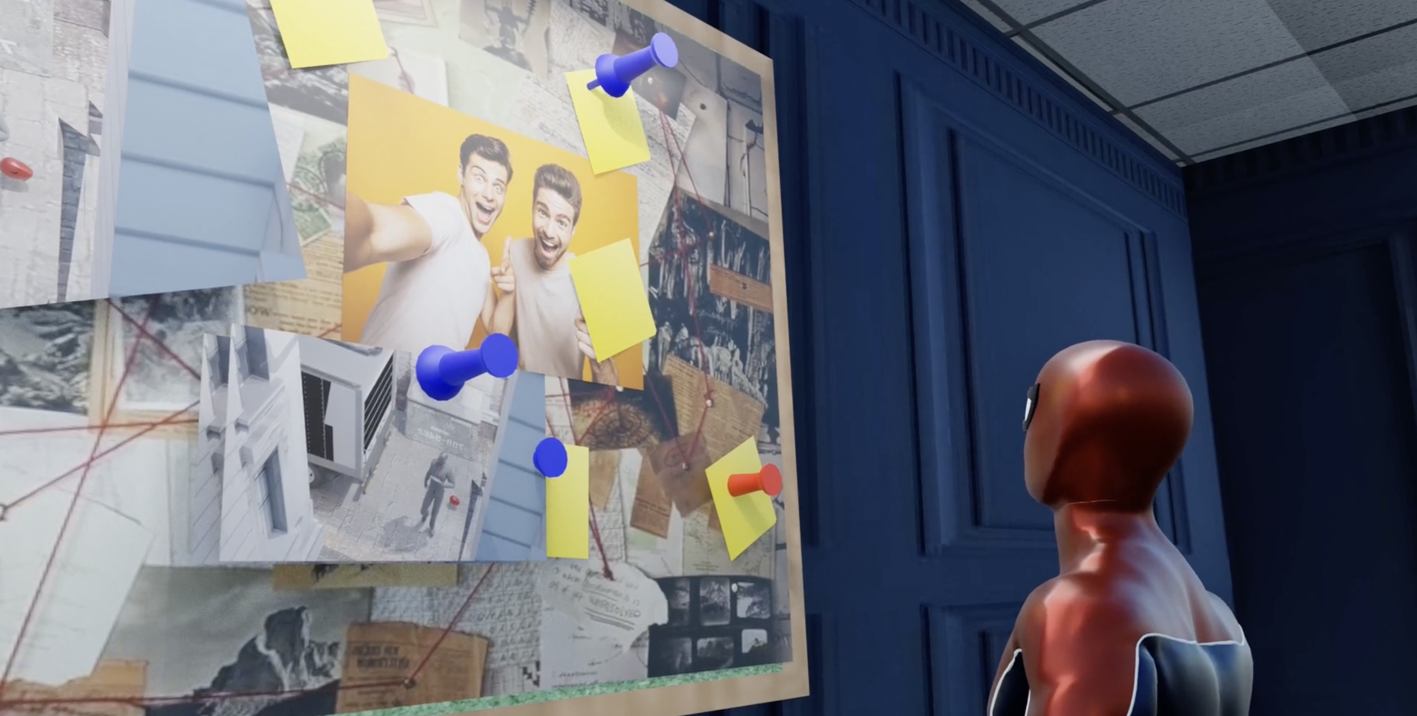 3D animation — investigation board story beat