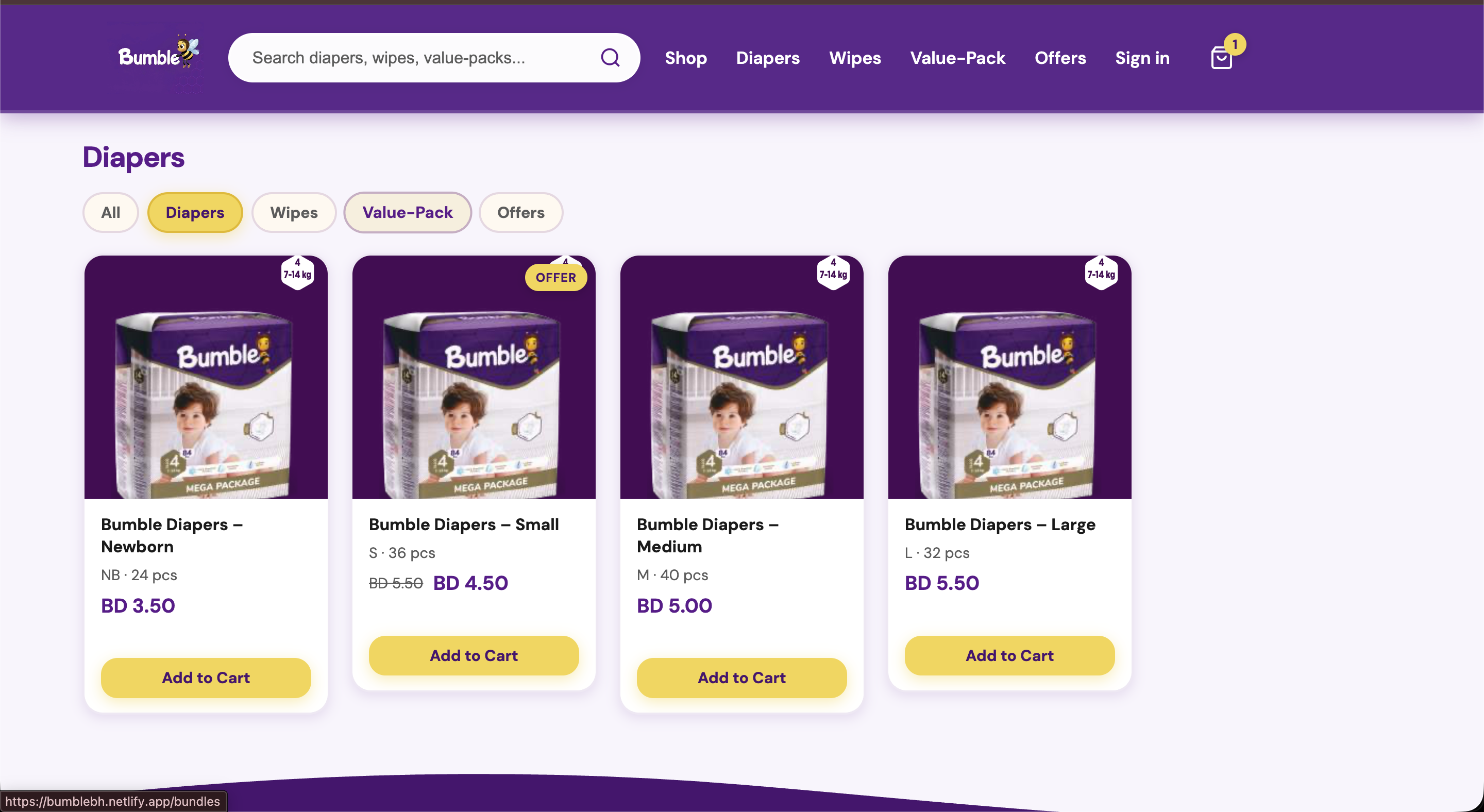 Bumble Brand — diapers catalog with filters and product grid