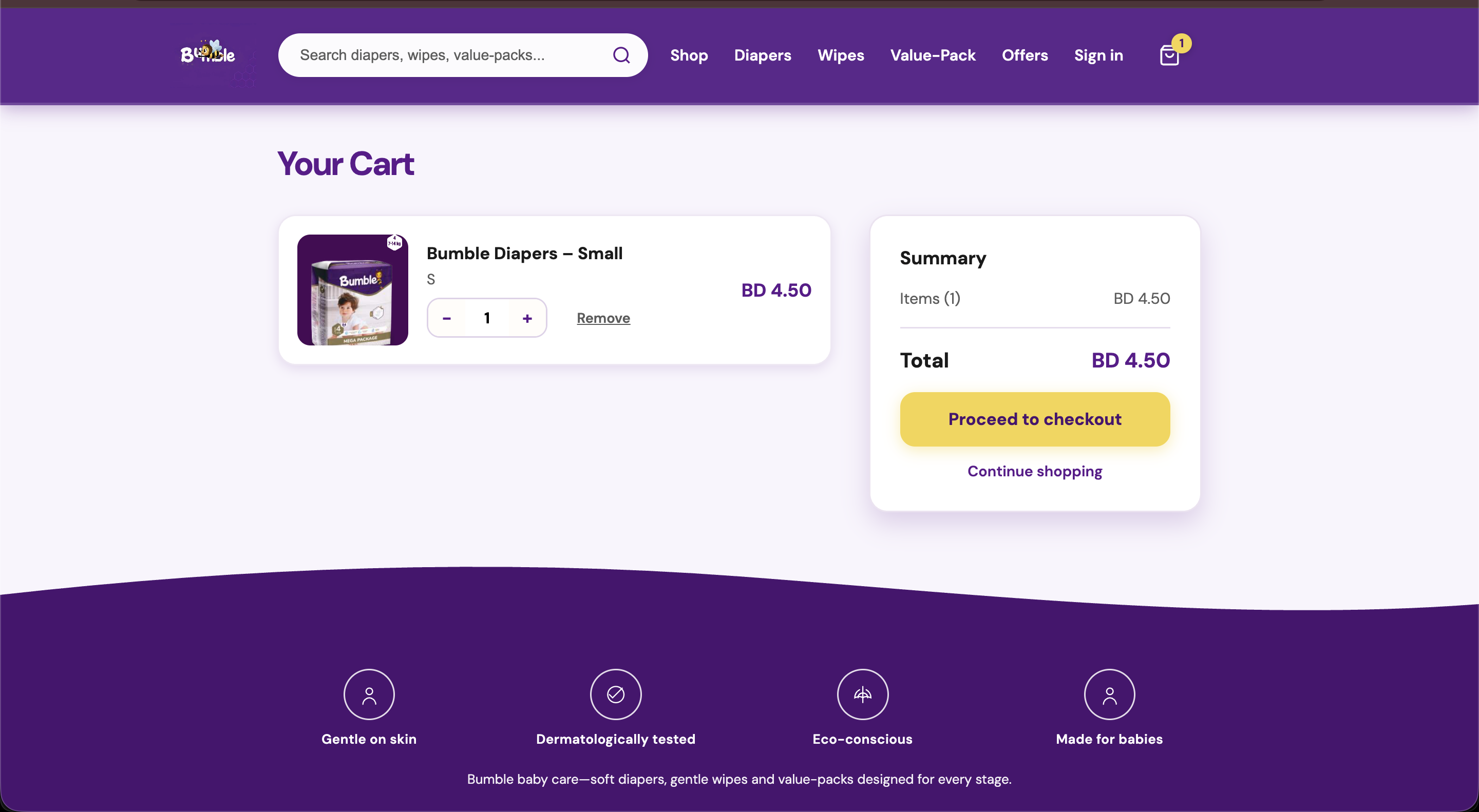 Bumble Brand — cart summary and checkout flow