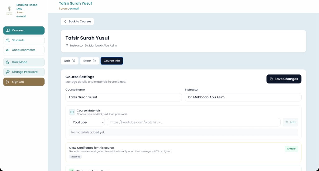 Sheikha Hessa LMS — course settings and materials