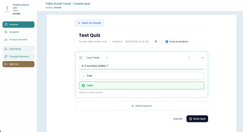 Sheikha Hessa LMS — quiz builder