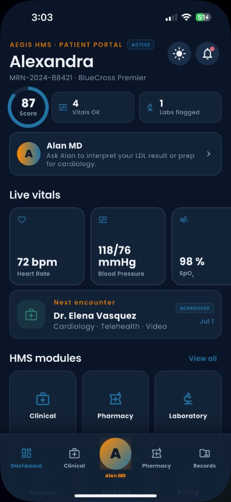 Alan AI — patient dashboard with vitals and health score