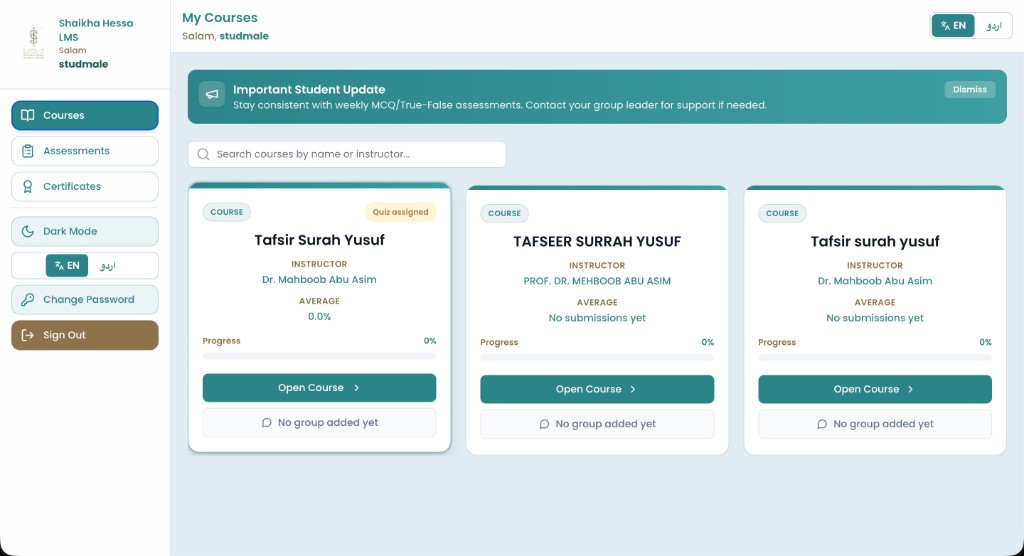 Sheikha Hessa LMS — student courses dashboard