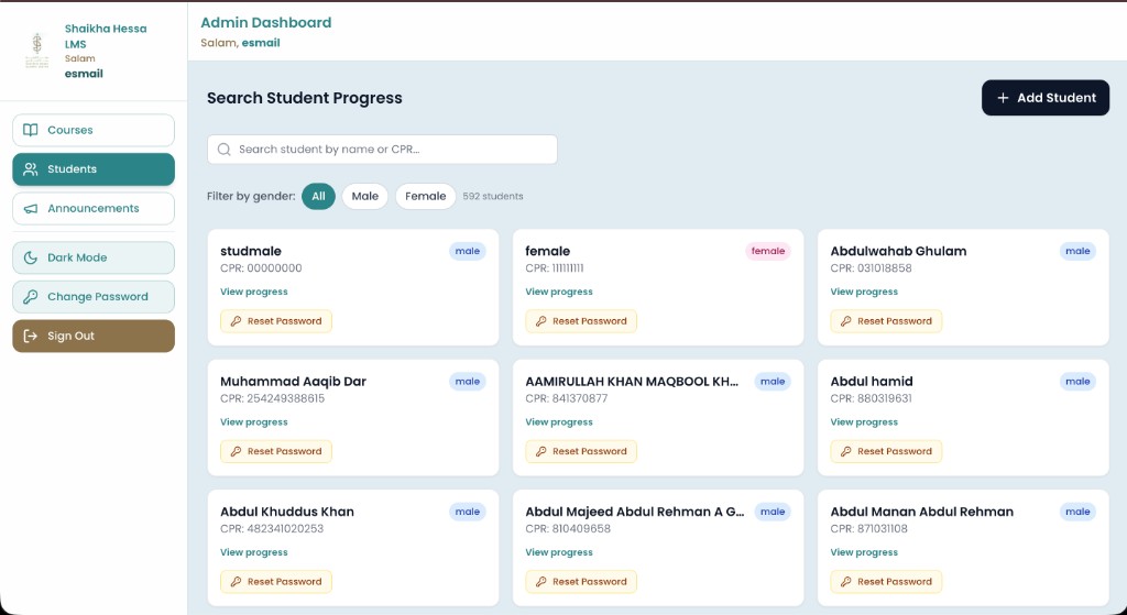 Sheikha Hessa LMS — student progress search